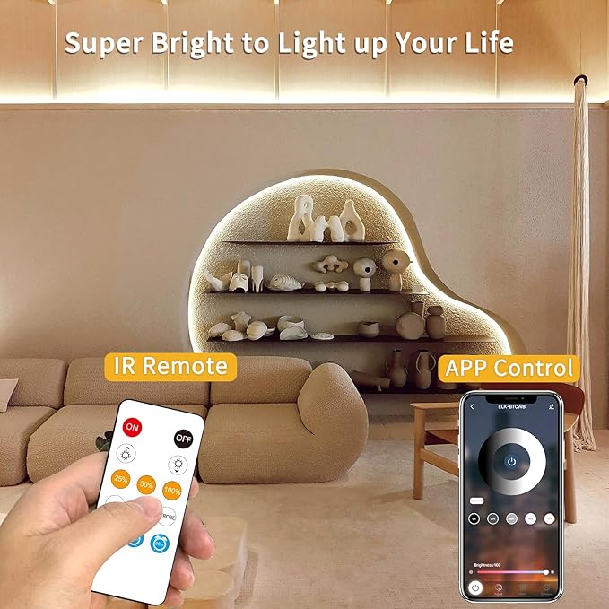 COB LED Strip Lights 100ft,3000K DC 24V Dimmable Warm White Flexible LED Rope Lights for Bedroom,with Remote and app Control LED Lights Strip for Living Room, Shelf, Cabinet(2 Rolls of 50ft)