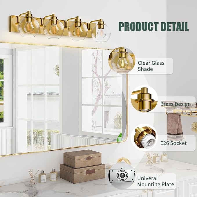 Espird 4 Light Bathroom Light Fixtures-Brushed Gold Bathroom Vanity Lights, Modern Vanity Lights 4-Light Bathroom Lighting Fixtures Over Mirror with Clear Glass Globe Shade
