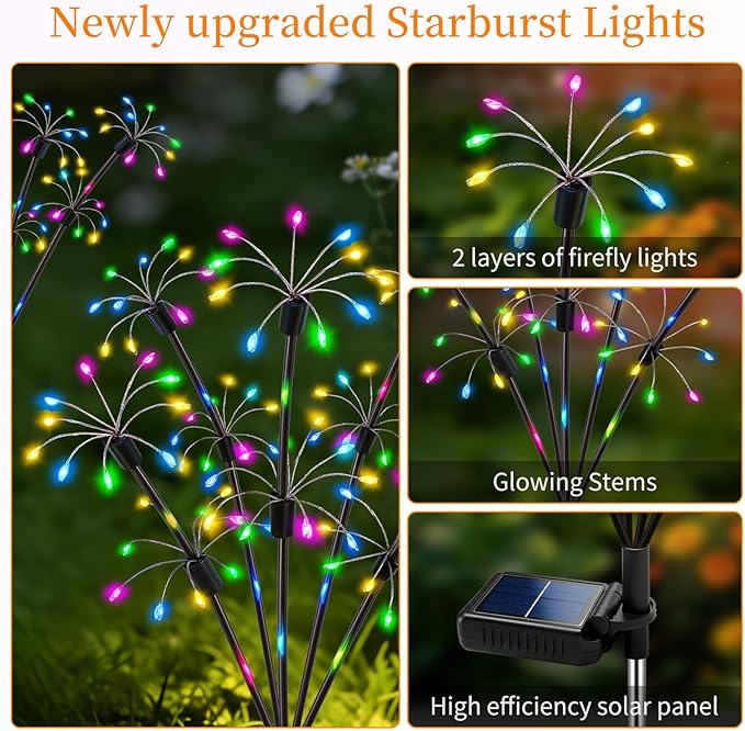 Solar Garden Lights Outdoor, 8 Pack 2-Layer Multicolor Solar Firework Lights, Waterproof Starburst Fairy Light Garden Decor for Yard Patio Pathway Lawn, Unique Gifts for Women Mom Grandma Mother's Day