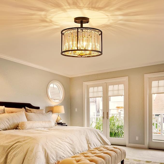 AGV LIGHTING CL005BB K9 Crystal Semi Flush Mount Ceiling Light Fixture, E12 Base 3-Lights, D13 x H15, Champagne Crystal Shade & Matte Black Finish Metal Frame