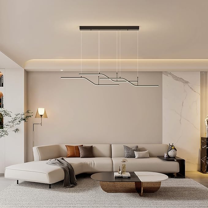 Siittoo Modern LED Chandelier, 45W Dimmable Dining Room Chandelier with Remote, 3-Light Black Wave Linear Hanging Pendant Light Fixture for Kitchen Island Restaurant (52'')