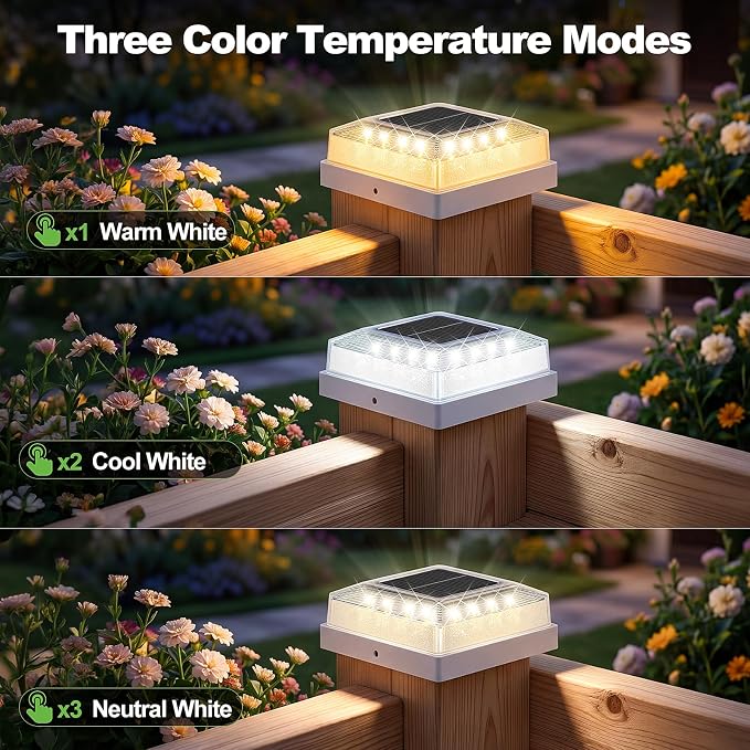 Brightever 3.5x3.5 4x4 Solar Post Cap Light Outdoor, 4-Pack Fence Post Solar Lights for Wooden/Vinyl Posts, 3 Lighting Modes, Solar Powered Waterproof Deck Post Lights for Garden Patio, White