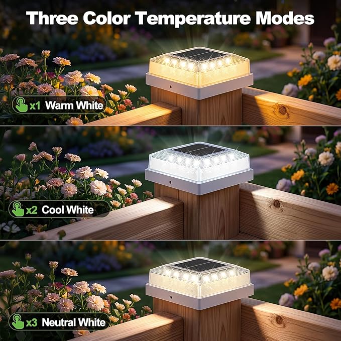 Brightever 3.5x3.5 4x4 Solar Post Cap Light Outdoor, 8-Pack Fence Post Solar Lights for Wooden/Vinyl Posts, 3 Lighting Modes, Solar Powered Waterproof Deck Post Lights for Garden Patio, White