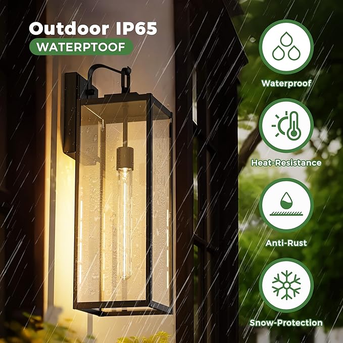 DORESshop 20 Inch Large Size Dusk to Dawn Outdoor Wall Lights, Matte Black Waterproof Anti-Rust Outdoor Light Fixtures Wall Mount with Clear Glass Shade for Porch, with T30 Light Bulbs, 2 Pack