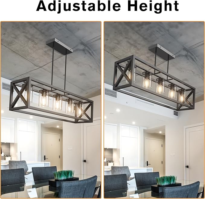 Espird Farmhouse Dining Room Light Fixture - 5 Light Matte Black Rectangle Light Fixture with Adjustable Height & Thickened Metal Dining Table Fixture Chandeliers for Dining Room&Kitchen Island