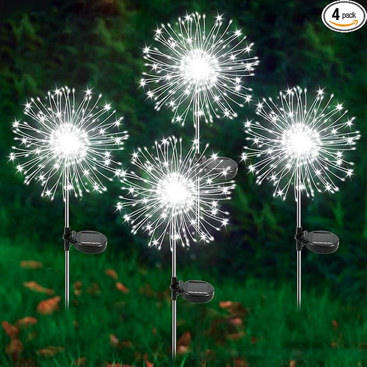 Solar Garden Lights Outdoor, 4 Pack 120 LED Twinkling Firework Lights Decorative with 2 Modes, Outdoor Waterproof Solar Starburst Light for Outside Yard Pathway Garden Decor, White