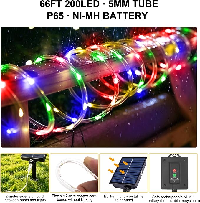Solar Rope Lights Outdoor Waterproof, 66FT 200 LED Solar String Lights with 8 Lighting Modes,Trampoline Lights, Solar Patio Light for Garden Fence Backyard Deck Porch Pool Tree Christmas Decor