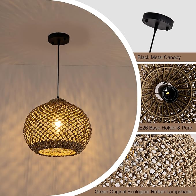 Farmhouse Rattan Pendant Lights 13.8" Wicker Hand-Woven Chandelier Rustic Round Seagrass Hanging Light Fixture for Kitchen Island Bedroom Hallway Entry Living Room Dining Coffee Bar