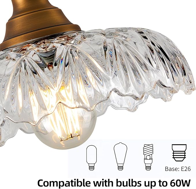 2 Pcs/Package Vintage/Antique Brass Glass Pendant Light Fixture Over Sink/Table for Kitchen Island,Farmhouse Gold Hanging Pendant Lights for Bedroom Hotel Dining Room