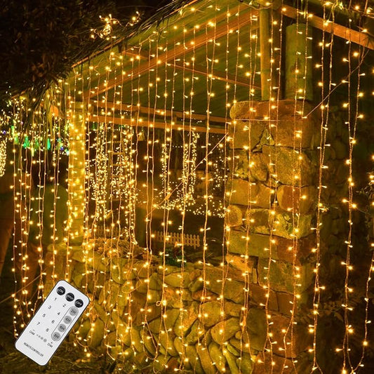 WATERGLIDE 300 LED Curtain Lights, Remote Control Christmas Hanging String Lights, 8 Lighting Modes, Plug in for Indoor Outdoor Holiday Ramadan Party Garden Backdrop Wedding Home Decor, Warm White