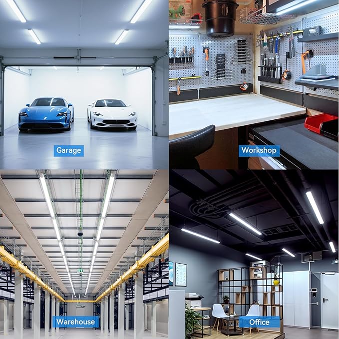 CNSUNWAY Led Shop Lights, 4FT LED Light 50W 7500LM 6500K Daylight White, D Shape Garage Light, Linkable Clear Cover T8 Integrated for Garage Workshop Workbench, ETL Listed(4-Pack)