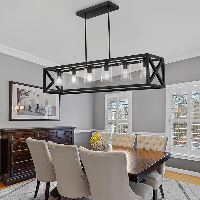 Espird Farmhouse Dining Room Light Fixture - 6 Light Kitchen Island Lighting with Adjustable Height & Thickened Metal Dining Room Light Fixture Over Table，Chandeliers for Dining Room&Kitchen Island