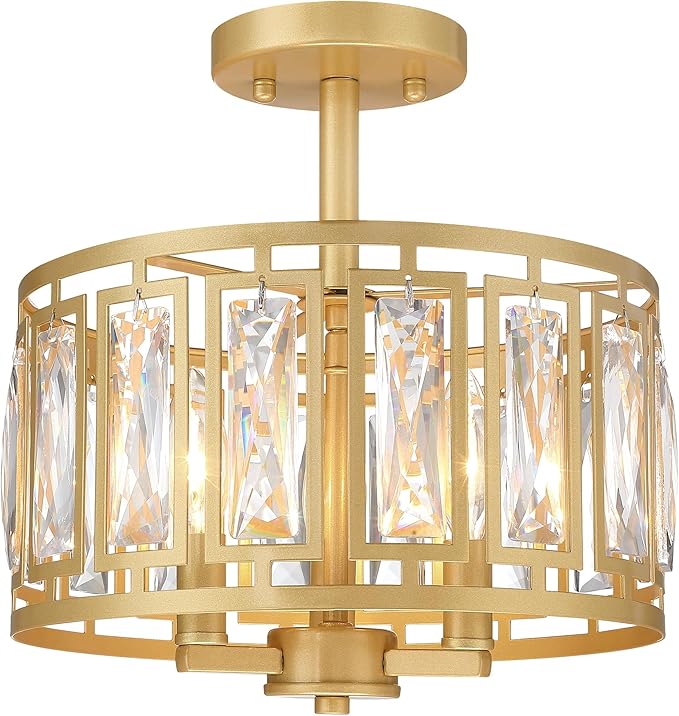 Gold Semi Flush Mount Ceiling Light, 3-Light Modern Brass Ceiling Fixture with K9 Crystals, Bedroom Light Fixture, Semi Flush Mount Ceiling Lights