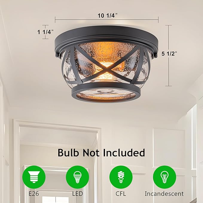 Oil-rubbed Bronze Flush Mount Ceiling Light Fixtures, 2-Light Farmhouse Porch Light Ceiling Mount with Seeded Glass, Industrial Outdoor Indoor Flush Mount Light Fixture for Kitchen Entryway & Foyer
