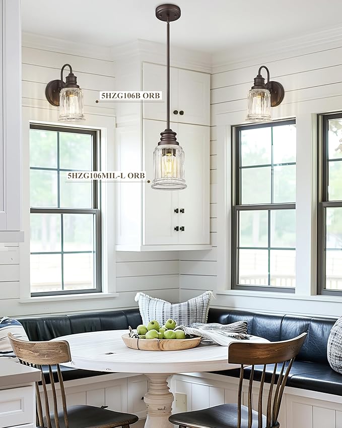 Modern Pendant Light 2Pack, HWH Adjustable Hanging Pendant Lighting in Oil-Rubbed Bronze Finish, Hanging Kitchen Lights with Bell-Shaped Fluted Clear Glass, 5HZG106MIL-2L ORB