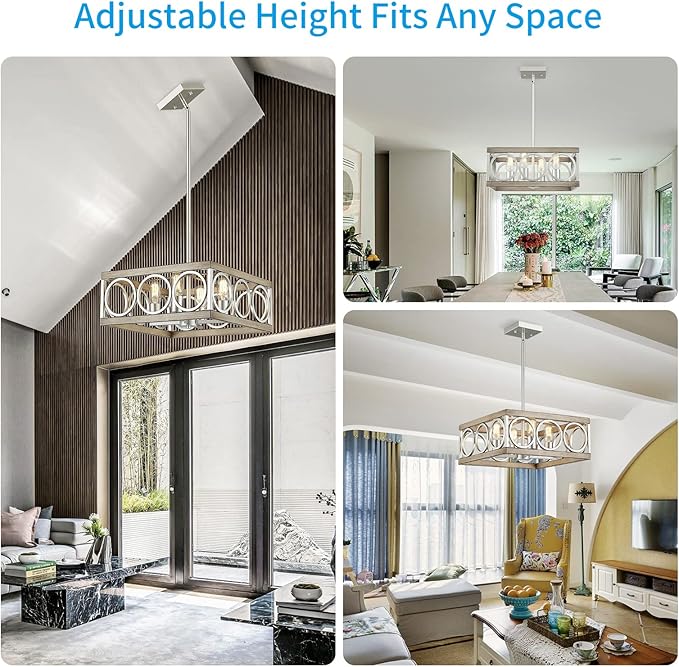 XINGQI Modern Chandelier Square 4-Light, Farmhouse Pendant Lighting Fixture for Dining Room Living Room Bedroom Kitchen Island,Antique Wood Grain+Brushed Nickel Metal Ceiling Lamp