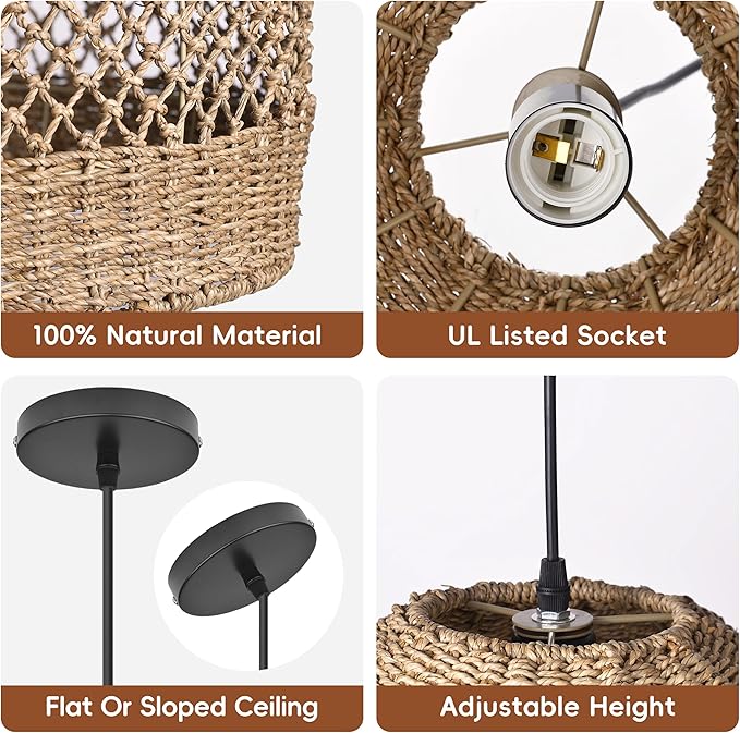 17.7" Boho Rattan Chandelier for Dining Room, 1-Light Hand Woven Pendant Light Fixture with Wicker Lampshade, Coastal Hanging Pendant Lighting for Kitchen Island Bedroom Living Room Nursery