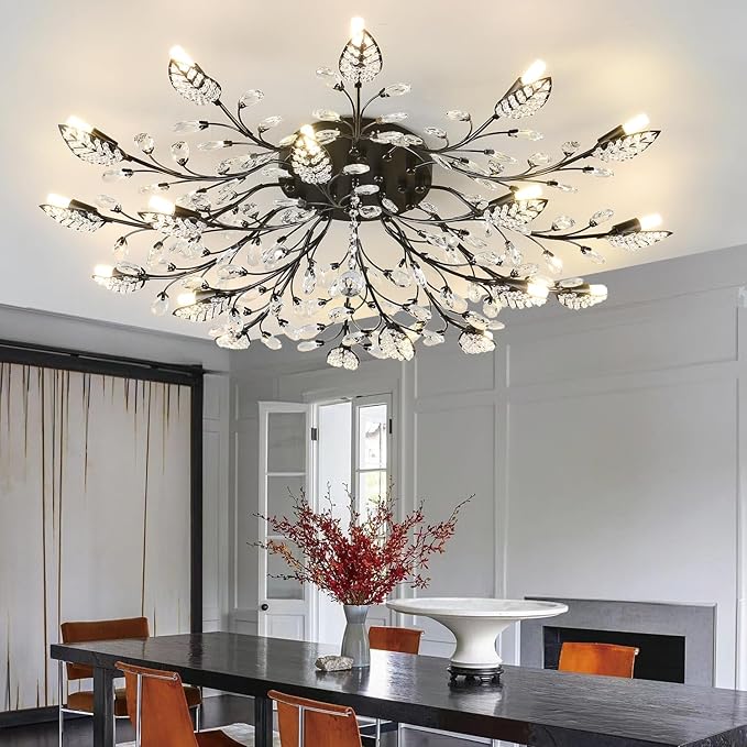 Modern Crystal Ceiling Light Fixture,Semi Flush Mount Chandeliers,Crystal Leaf Ceiling Light, Chandeliers for Dining Room,Living Room,Bedroom