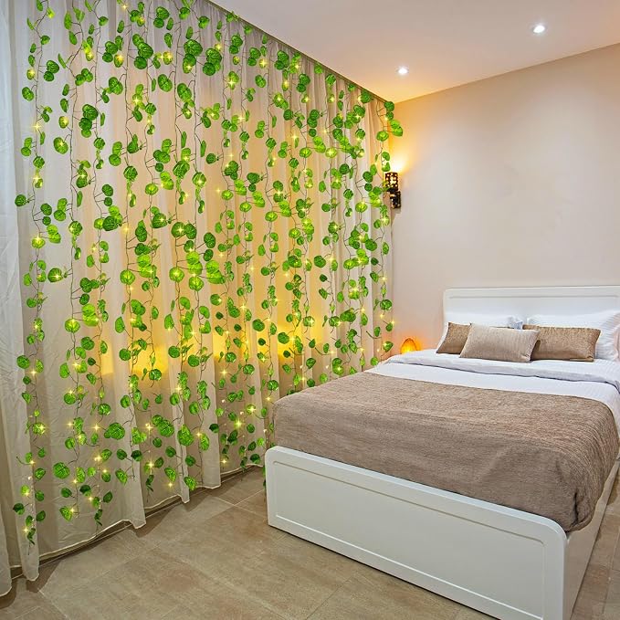 Unittype 15 Pcs 6.6 ft 300 LED Fake Ivy Vines with Lights for Bedroom String Fairy Light Curtain Artificial Hanging Vines Plant Garland with Light for Wall Outdoor Indoor Decor(Eucalyptus Leaf)