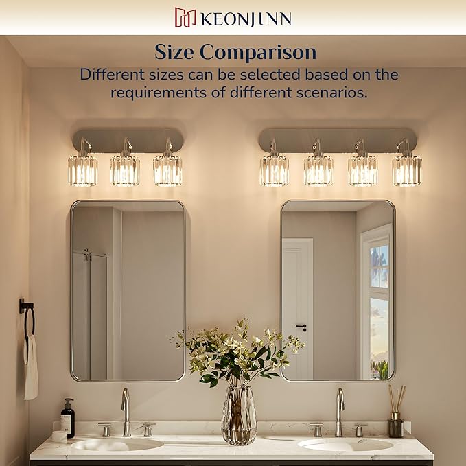 Keonjinn 6-Light Bathroom Light Fixtures, Crystal Chrome Bathroom Vanity Lights Over Mirror, Vanity Lighting Fixtures with Crystal Square Shades (E26 Socket, Exclude Bulb)