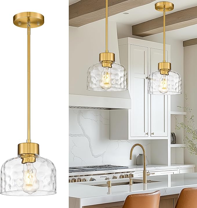 Gold Pendant Lights Kitchen Island, 8" Hanging Light Fixtures with Hand-Blown Hammered Clear Glass, Modern Brass Kitchen Pendant Lighting Over Island for Dining Room, AD-24024-1PL-GD-H