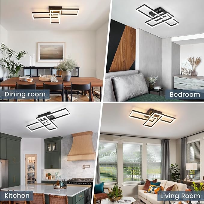 EIDISUNY Modern Led Ceiling Light Fixtures, Black Flush Mount 3-Square Ceiling Light with Remote Control&APP, Dimmable, 40W Acrylic for Bedroom, Kitchen, Dining Room