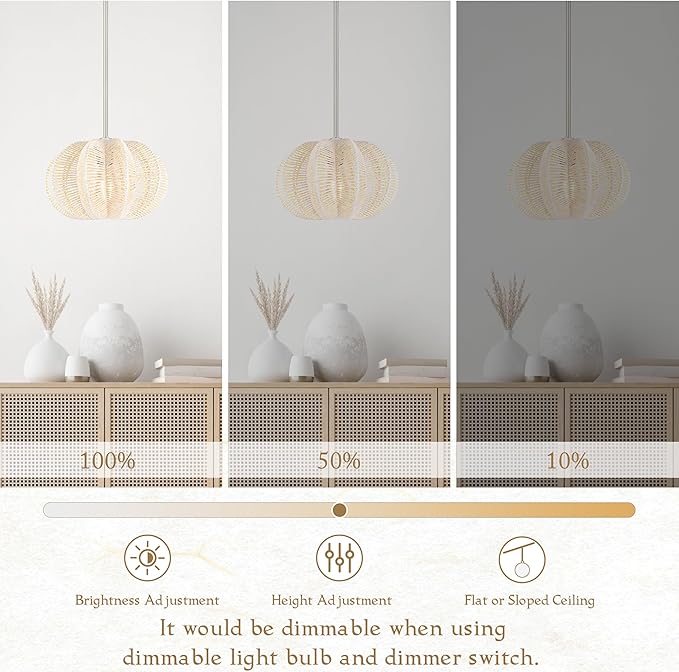 White Rattan Pendant Light 12.6 in Hemp Rope Rattan Light Fixture Woven Pendant Wicker Chandelier Boho Chandelier for Kitchen