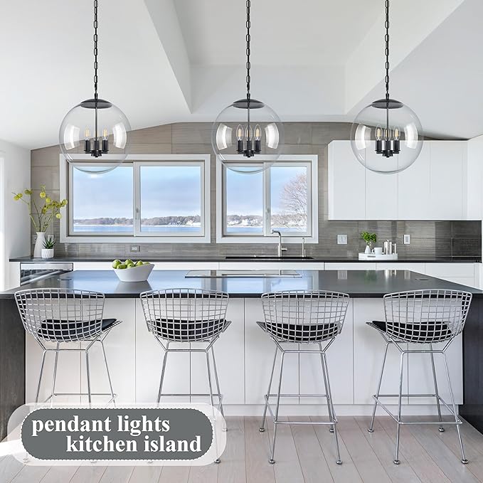 KoKo&Yukina 14" Black Globe Pendant Light Mid Century Pendant Light Clear Glass Pendant Lights Kitchen Island Adjustable Hanging Light Fixture for Dining Room Bedroom Kitchen Island