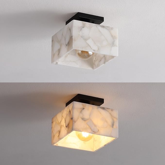 JONATHAN Y 8" White Marbling/Black Modern 1-Light Semi Flush Mount Ceiling Light for Bedroom, Cube White Alabaster Marble Shade, Mid-Century Minimalist Fixture, LED Bulb Included (JYL1203B)