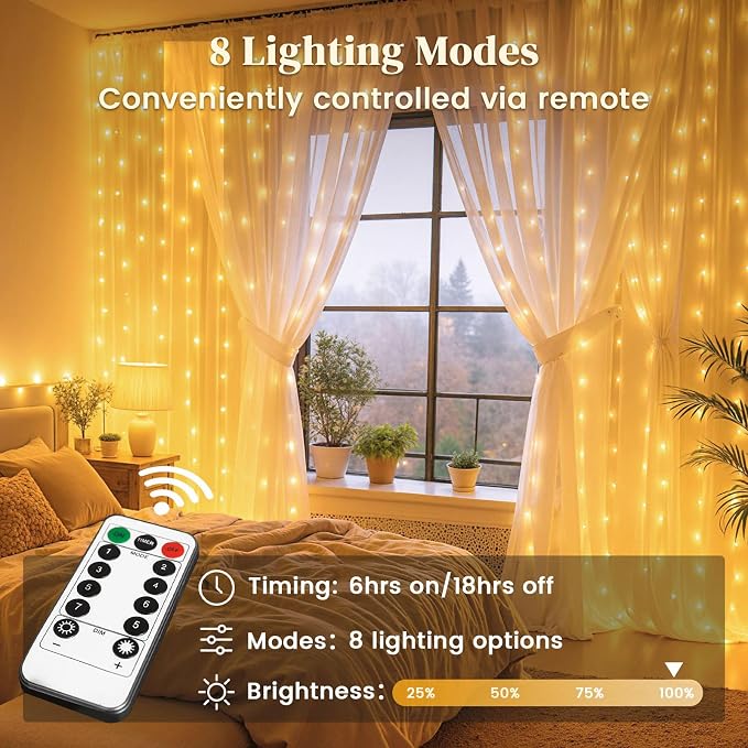 DomeStar 300 LED Curtain Lights for Bedroom, 9.8 x 9.8 FT Fairy Lights with 8 Modes Remote, Plug‑in Design for Holiday Hanging Wall Garden Party Birthday Ambient Decor (Warm White)