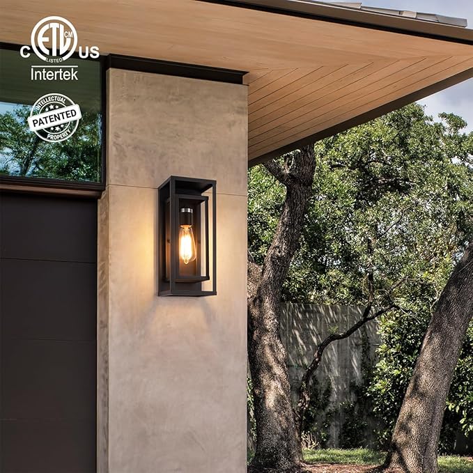 mirrea 14" Classic Outdoor Wall Sconce 1 Light in Matte Black Rectangular Metal Frame and Clear Glass Shade Waterproof Porch Light Patio Light Pack of 2