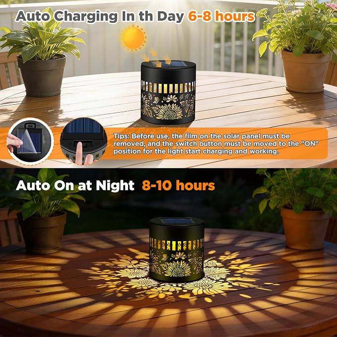 Forlivese 2 Pack Solar Fence Lights Outdoor, Metal Solar Powered Wall Deck Step Lights Sunflower Theme, Hanging LED Waterproof Decorative Lighting for Garden Patio Backyard Post Decor, Warm White