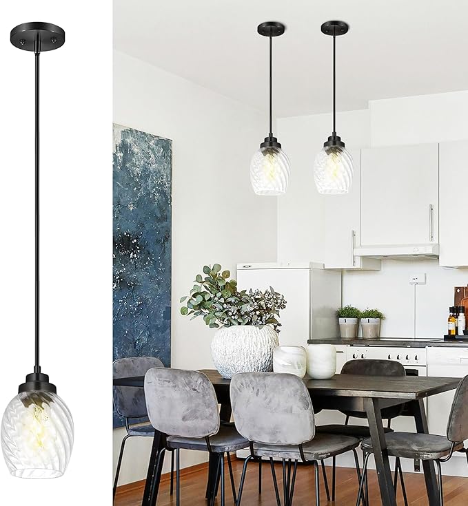 Glass Pendant Lights Kitchen Island,Twisted Clear Glass Treatment Pendant Light,Modern Hanging Light for Kitchen Sink Dining Room Bedroom, E26 (Black, 2pack)