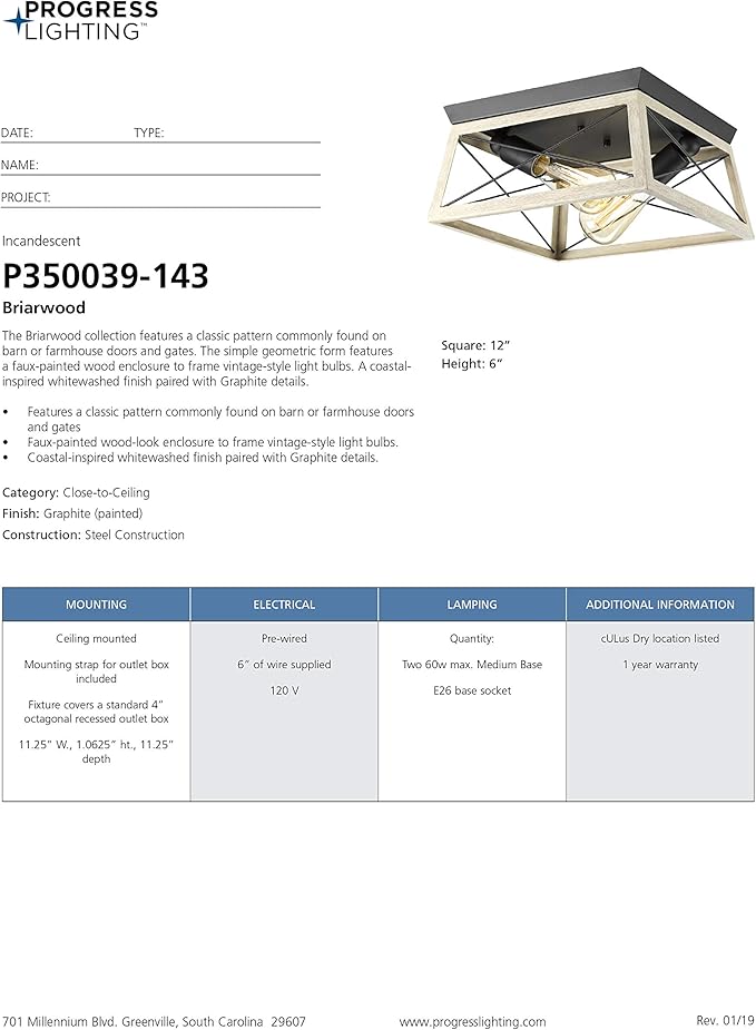 Progress Lighting Briarwood Collection 2-Light Ceiling Light, Flush Mount Ceiling Light Fixture for Interior Kitchen Lights, Hallway, Bedroom, Living Room, 12-Inch by 6-Inch, Graphite