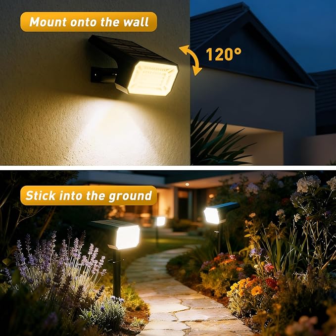 Solar Spot Lights Outdoor, 4 Pack Solar Landscape Lights with 100 LEDs Each, 4 Lighting Modes, IP65 Waterproof, 2-in-1 Adjustable Solar Spotlights for Yard Garden Pathway Driveway(Warm White)