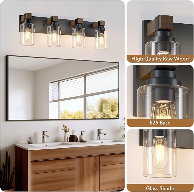 Farmhouse Bathroom Vanity Light Fixtures, Rustic 4-Light Wood Vanity Lights for Bathroom, Vintage Black Wall Sconces Lighting, Light fixtures Over Mirror, with Glass Shade