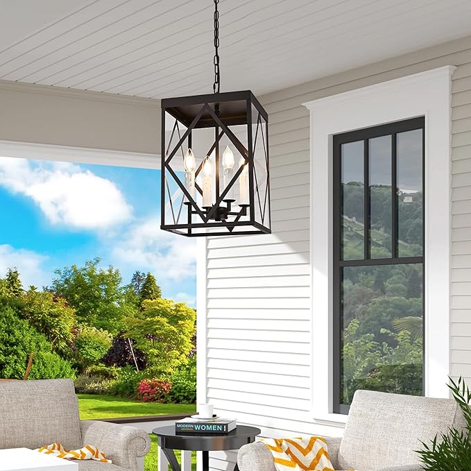 Exterior Hanging Lantern Porch Pendant Lights with Clear Glass Oil Rubbed Brozne Outdoor Pendant Light Adjustable Outside Chandelier Ceiling Mount or Front Porch Entrance Patio Foyer, 4 Light