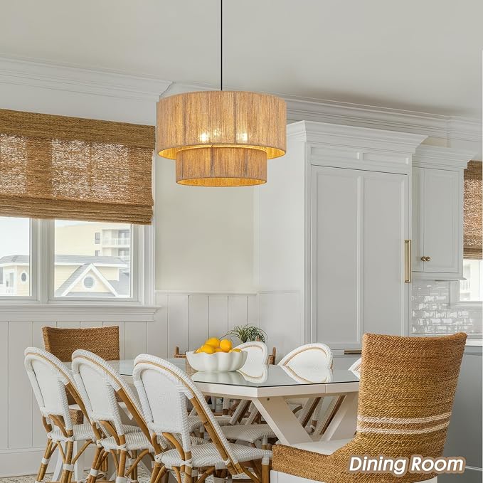 18 Inch Large Rattan Woven Pendant Light, Boho Farmhouse Hanging Chandelier Lamp Fixture, Natural Wicker Jute Lighting for Dining Room, Kitchen Island, Living Room, Table, Entryway, Foyer