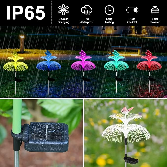 Weepong Solar Garden Lights Waterproof 6 Pack Solar Lights Outdoor Decorative 7 Color Changing Double Jellyfish and Butterfly Flower Yard Garden Decor Lawn Christmas Outside, Gifts for Mother's Women