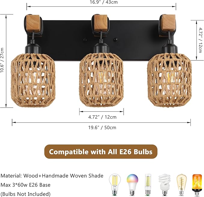 LmnLvn Farmhouse Bathroom Light Fixture, Boho Vanity Light, 3-Light Rattan Bathroom Light Fixture Over Mirror Rustic Vanity Lighting with Handwoven Shades, Suit for Restroom, Bedroom, Hallway