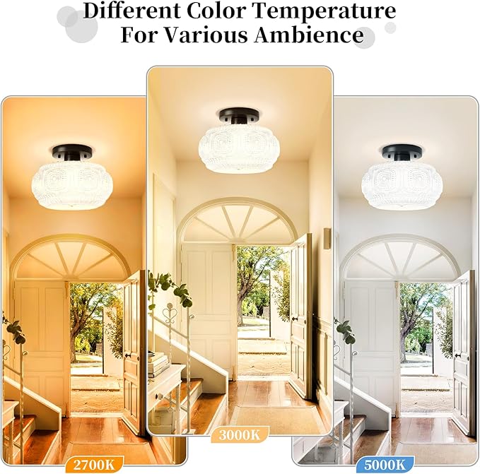 Semi Flush Mount Ceiling Light, Milk Glass Shade Modern Ceiling Light Fixture, Vintage Black Lighting for Hallway Bedroom Entryway Kitchen Porch