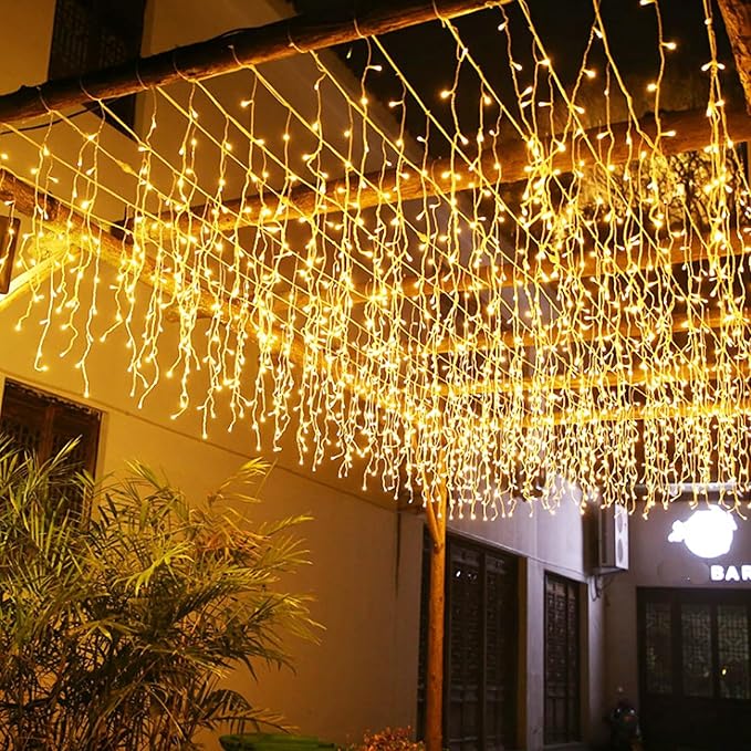 LED Icicle Lights, 8 Modes 16.4FT 112 LEDs Christmas Short Curtain Fairy Hanging Ceiling Extendable Lights for Wedding Balcony Doorway Outdoor Indoor Decoration Warm White, 5M04