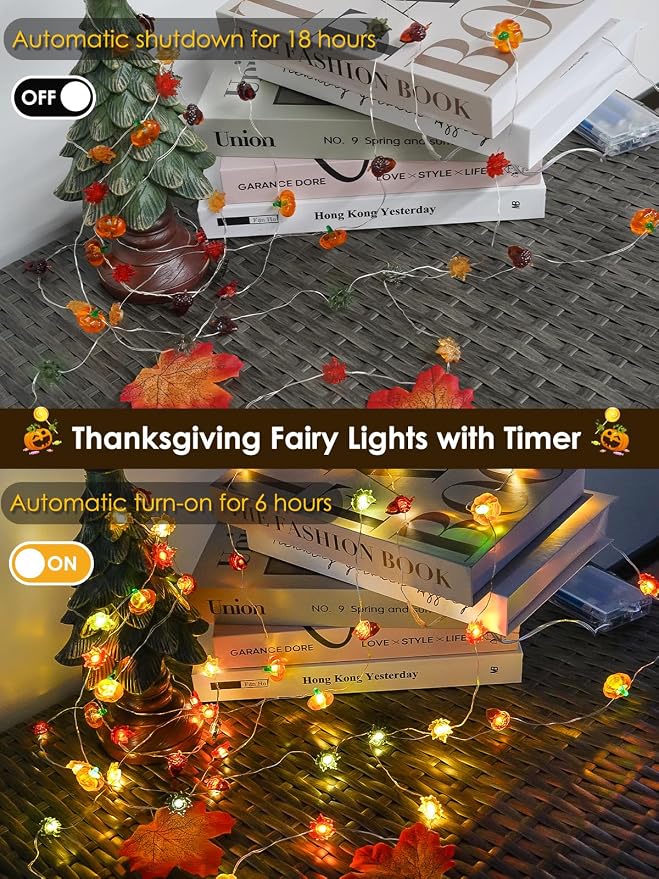 Fall Decorations 3D Pumpkin Acorn Maple Leaf Fairy Lights Battery Operated with Remote, 10FT 30 LED String Lights Outdoor & Indoor, Waterproof 8 Modes for Garland Harvest Thanksgiving Halloween Decor