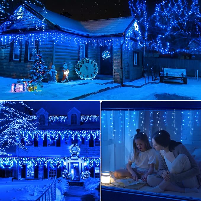Icicle Lights Outdoor Decorations 300 LED 33ft 8 Modes Curtain Fairy String Light with 50 Drops, LED String Light Indoor for Wedding Party Holiday Christmas Decorations,Blue+White