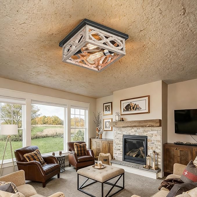 Farmhouse Flush Mount Ceiling Light, 10.5” Square Vintage Rustic Distressed White & Matte Black, MDF Shade Fixture for Livingroom, Bedroom, Kitchen, Hallway, Entryway, 2-Light E26