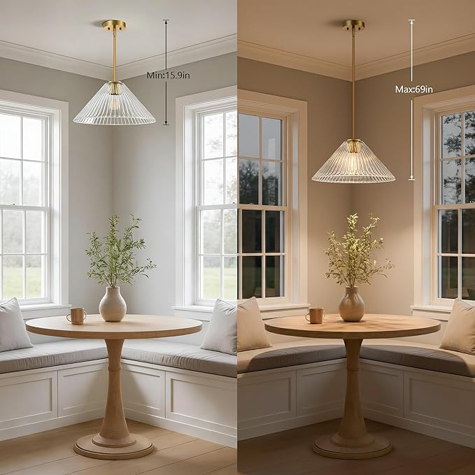 15.7 Inch Modern Pendant Lights, Ribbed Clear Glass 1-Light Single Pendant Lighting Fixtures, Cone Minimalist Ceiling Hanging Light for Kitchen Island Dining Room Over Sink Table Hallway