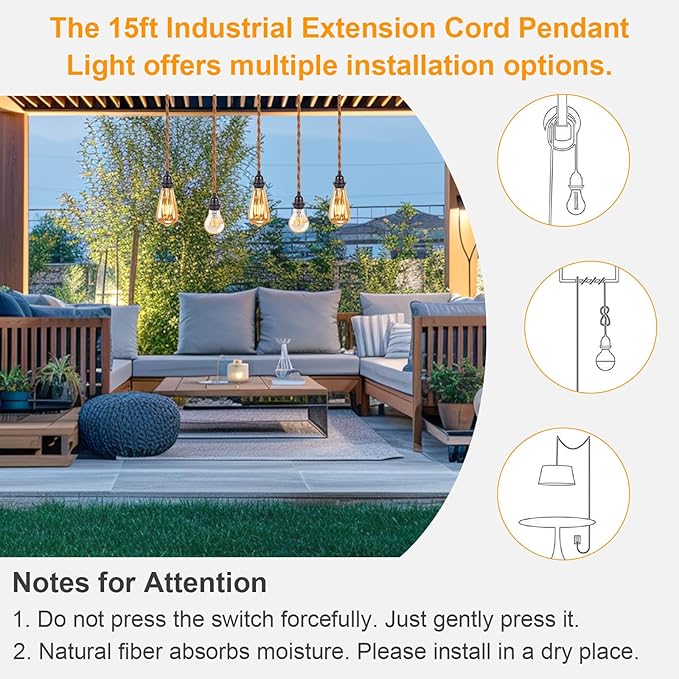 Industrial 15ft Pendant Light Cord - Hanging Light Kit with Switch Plug, Plug-in Pendant Light Cord Rope Pendant Lights Socket Set E26 E27 for Pendant Lamp Farmhouse Lamp Cable DIY Room Decor