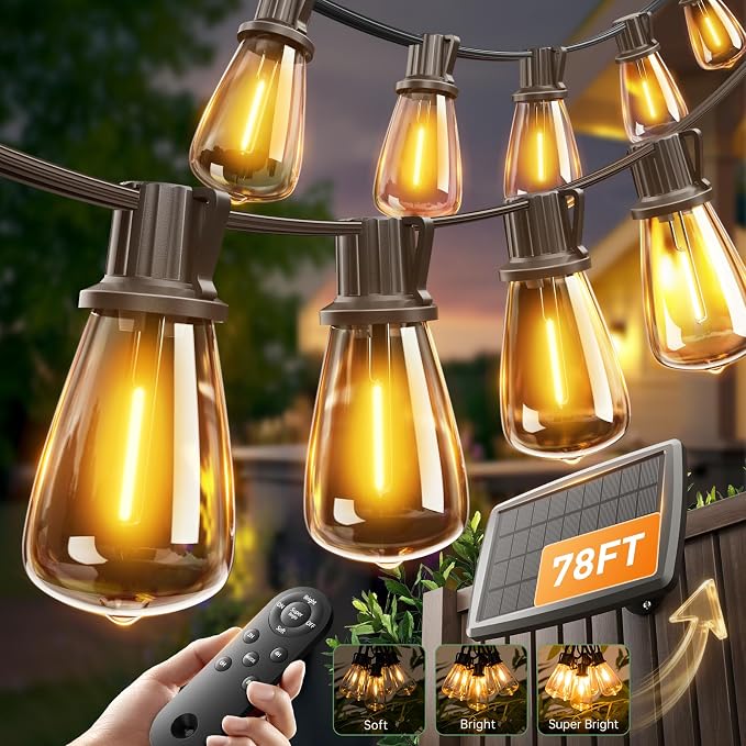 addlon 78(72+6) FT Solar String Lights Waterproof with Remote & USB Port, 24+2 LED Shatterproof Bulbs Patio Lights, Dimmable & Timable 3 Lighting Modes Solar Light for Backyard Camping Garden Decor