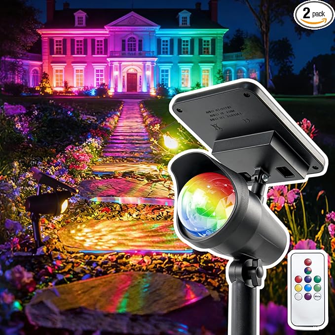 Solar Spot Lights Outdoor 2 Pack, RGB Color Changing & Warm White, 2-in-1 Stake & Strap Mounted Solar Lights, IP65 Waterproof, Auto On/Off Landscape Lighting for Garden, Yard, Tree, Wall