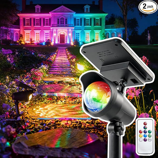 Solar Spot Lights Outdoor 2 Pack, RGB Color Changing & Warm White, 2-in-1 Stake & Strap Mounted Solar Lights, IP65 Waterproof, Auto On/Off Landscape Lighting for Garden, Yard, Tree, Wall